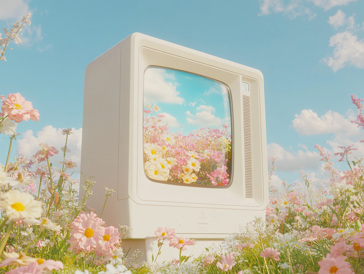 computer in a field of flowers